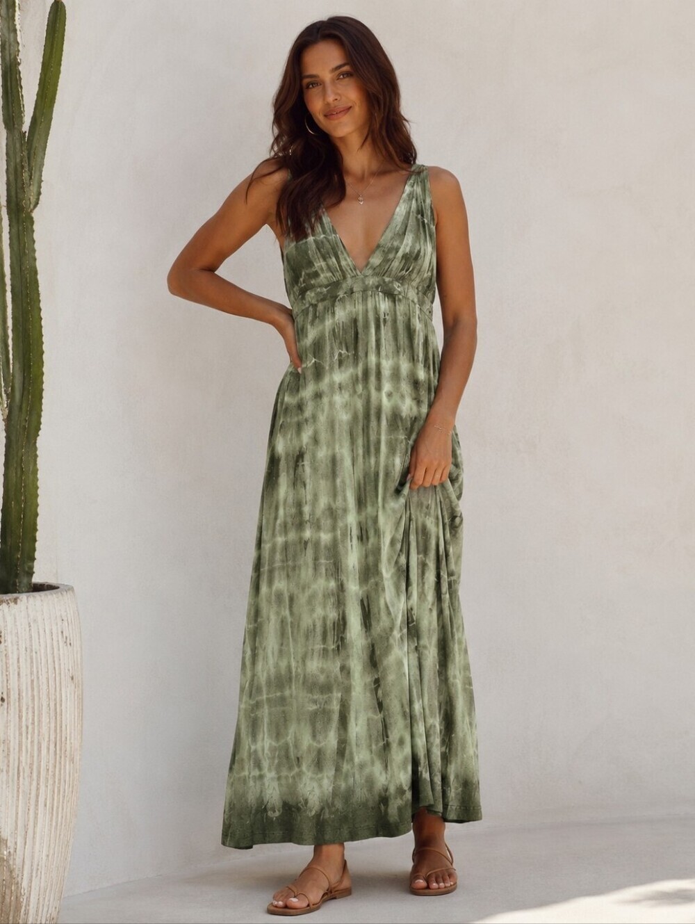 Gypsy 05 | Green Tie-Dye Deep V-Neck Boho Maxi Dress, Size S